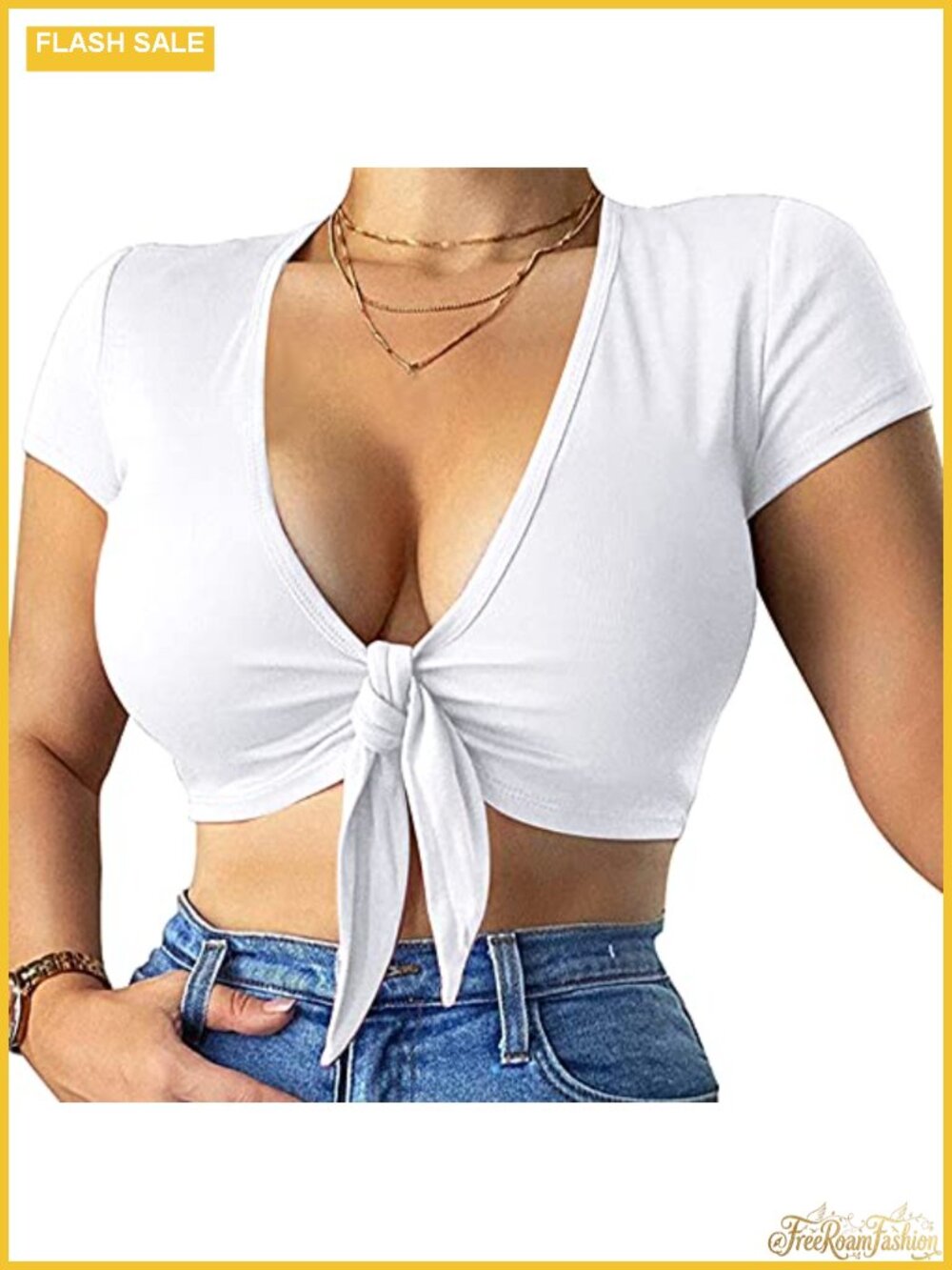 Deep V Neck Cross Wrap Crop Top Short Sleeve Slim Fit